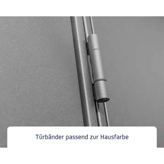 EcoStar Gerätehaus Elegant-P Typ 3 - Außenmaß inkl. Dachüberstand (B x T): 312,7 x 283,4 cm, Grau, Doppeltür - Türbänder passend zur Hausfarbe. Die Türbänder sind farblich auf die Hausfarbe abgestimmt und bieten ein harmonisches Gesamtbild.