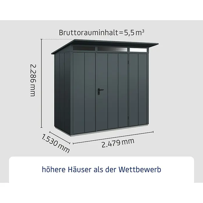 EcoStar Gerätehaus Elegant Typ 1 - Außenmaß inkl. Dachüberstand (B x T): 247,9 x 153 cm, Anthrazitgrau, Einzeltür - Abbildung eines Geräteschuppens mit den Maßen 2.286 mm Höhe, 1.530 mm Breite und 2.479 mm Länge. Das Bruttorauminhalt beträgt 5,5 m³.