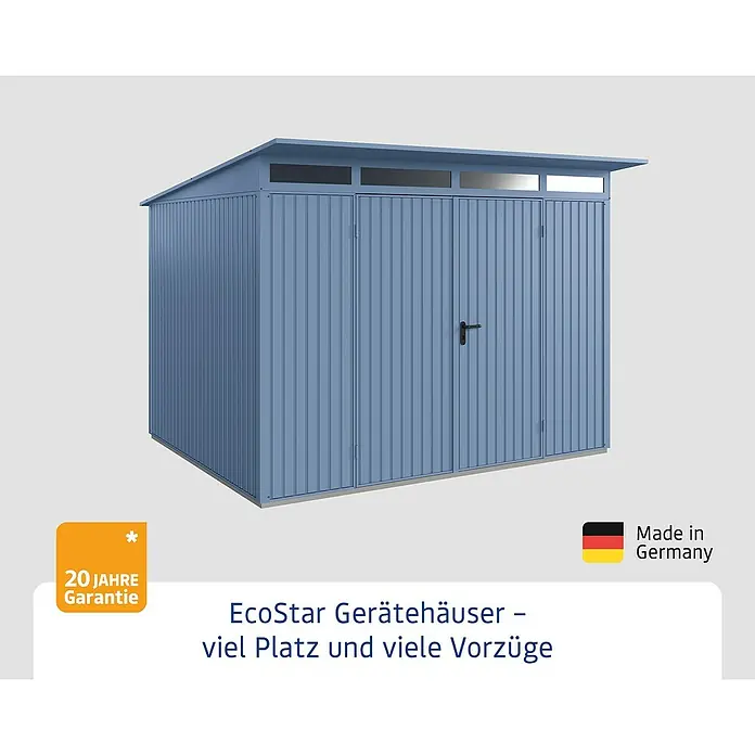 EcoStar Gerätehaus Trend-P Typ 3 - Außenbreite inkl. Dachüberstand: 312,7 cm, Außentiefe inkl. Dachüberstand: 283,4 cm, Taubenblau, Doppeltür - Abbildung eines EcoStar Gerätehauses in Blau. Das Gartenhaus bietet viel Platz und überzeugt mit seinen vielen Vorzügen.
