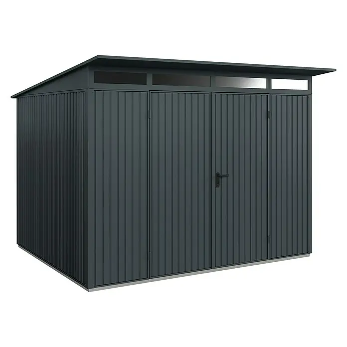 EcoStar Gerätehaus Trend-P Typ 3 - Außenbreite inkl. Dachüberstand: 312,7 cm, Außentiefe inkl. Dachüberstand: 283,4 cm, Anthrazitgrau, Doppeltür - Bild eines modernen grauen Gartenschuppens mit einem Pultdach und einer doppelten Tür. Ideal zur Aufbewahrung von Gartengeräten.
