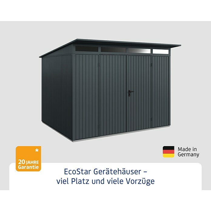 EcoStar Gerätehaus Trend-P Typ 3Außenbreite inkl. Dachüberstand: 312,7 cm, Außentiefe inkl. Dachüberstand: 283,4 cm, Anthrazitgrau, Doppeltür Info