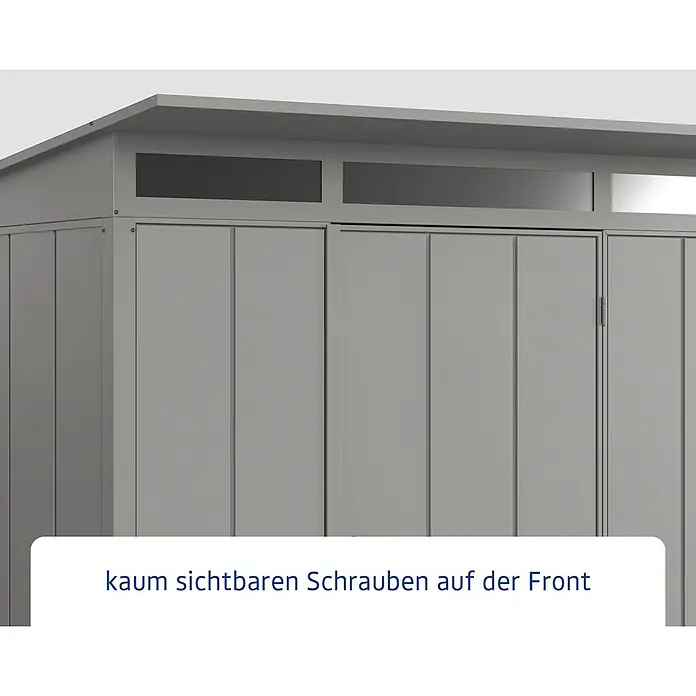 EcoStar Gerätehaus Elegant-P Typ 3 - Außenmaß inkl. Dachüberstand (B x T): 312,7 x 283,4 cm, Grau, Doppeltür - Detailansicht eines grauen Gerätehauses, das durch kaum sichtbare Schrauben und eine moderne Bauweise besticht.