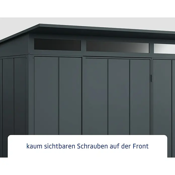 EcoStar Gerätehaus Elegant-P Typ 3 - Außenmaß inkl. Dachüberstand (B x T): 312,7 x 283,4 cm, Anthrazitgrau, Einzeltür - Detailansicht eines Gerätehauses mit kaum sichtbaren Schrauben an der Front. Die graue Farbgebung sorgt für ein modernes Aussehen.
