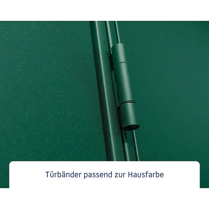 EcoStar Gerätehaus Elegant-P Typ 3 - Außenmaß inkl. Dachüberstand (B x T): 312,7 x 283,4 cm, Moosgrün, Doppeltür - Nahaufnahme der Türbänder, passend zur Farbe des Hauses, die eine stilvolle Ergänzung für jede Tür darstellen.