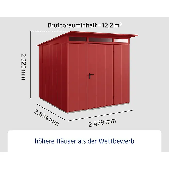 EcoStar Gerätehaus Elegant-P Typ 2 - Außenbreite inkl. Dachüberstand: 247,9 cm, Außentiefe inkl. Dachüberstand: 283,4 cm, Purpurrot, Einzeltür - Abbildung eines roten Gerätehauses mit Maßangaben und Bruttorauminhalt.