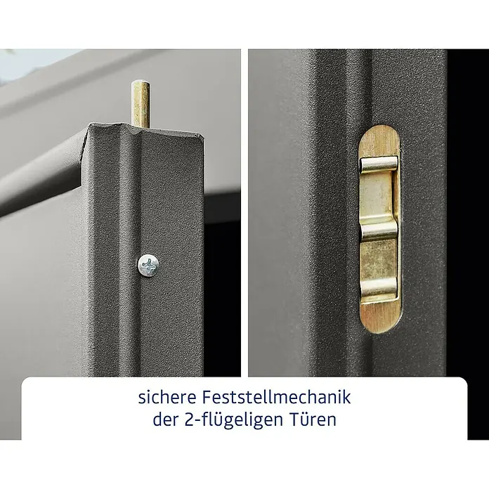 EcoStar Gerätehaus Elegant-P Typ 3 - Außenmaß inkl. Dachüberstand (B x T): 312,7 x 283,4 cm, Grau, Doppeltür - Detailansicht der Feststellmechanik einer zweiflügeligen Tür, die eine sichere und zuverlässige Arretierung ermöglicht.