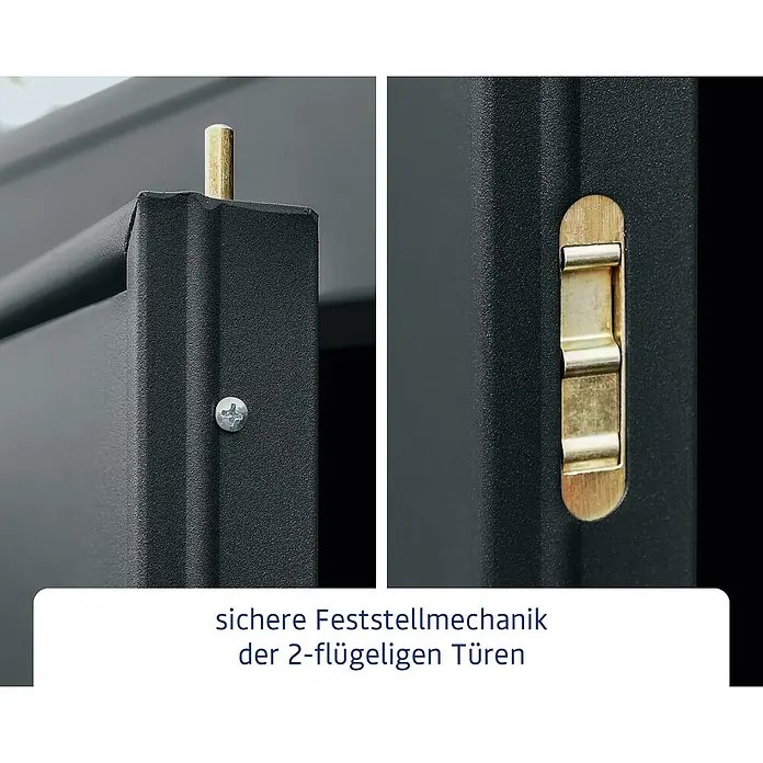EcoStar Gerätehaus Elegant-P Typ 3 - Außenmaß inkl. Dachüberstand (B x T): 312,7 x 283,4 cm, Anthrazitgrau, Einzeltür - Sichere Feststellmechanik der zweiflügeligen Türen. Der Riegel sorgt für Stabilität und verhindert ungewolltes Öffnen der Türflügel.
