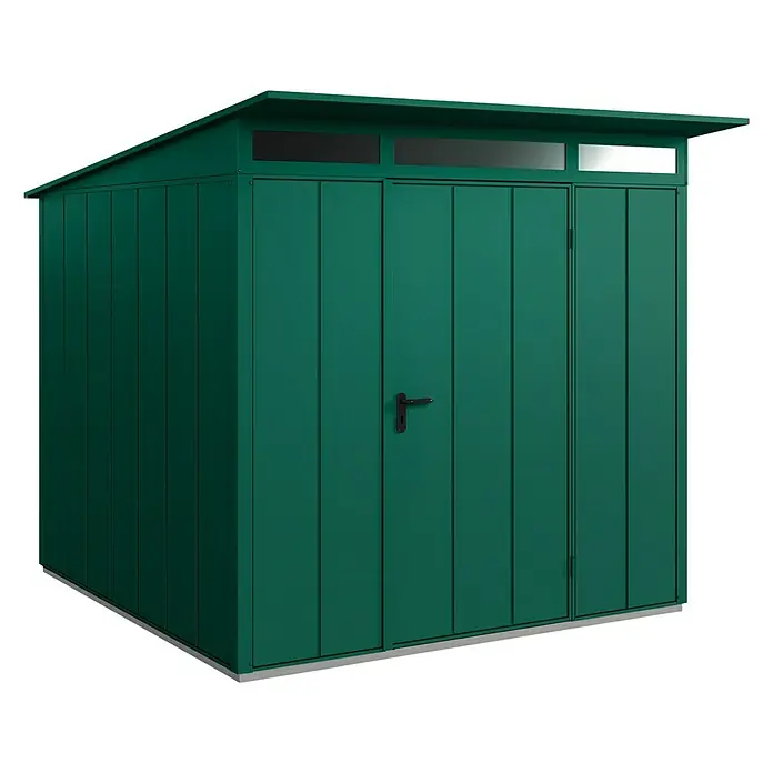 EcoStar Gerätehaus Elegant-P Typ 2 - Außenbreite inkl. Dachüberstand: 247,9 cm, Außentiefe inkl. Dachüberstand: 283,4 cm, Moosgrün, Einzeltür - Grüner Metallgarten Schuppen mit Flachdach und Doppeltür für Geräte und Gartengeräte. Praktische Lagerung.