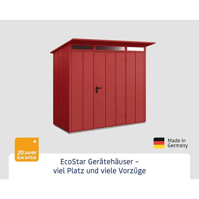 EcoStar Gerätehaus Elegant Typ 1 - Außenmaß inkl. Dachüberstand (B x T): 247,9 x 153 cm, Purpurrot, Einzeltür - EcoStar Gerätehaus in Rot, bietet viel Platz und überzeugt mit zahlreichen Vorteilen. Made in Germany mit 20 Jahre Garantie.
