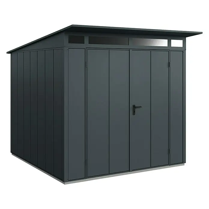 EcoStar Gerätehaus Elegant-P Typ 2 - Außenbreite inkl. Dachüberstand: 247,9 cm, Außentiefe inkl. Dachüberstand: 283,4 cm, Anthrazitgrau, Doppeltür - Das Bild zeigt einen modernen Geräteschuppen in dunkler Farbe mit Doppeltür und Oberlicht. Der Schuppen hat ein Pultdach und ist ideal für den Garten.