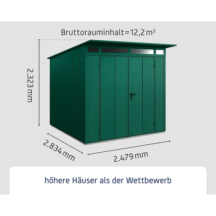 EcoStar Gerätehaus Elegant-P Typ 2 - Außenbreite inkl. Dachüberstand: 247,9 cm, Außentiefe inkl. Dachüberstand: 283,4 cm, Moosgrün, Doppeltür - Abbildung eines grünen Gerätehauses mit den Maßen 2.323 mm Höhe, 2.834 mm Breite und 2.479 mm Tiefe, Bruttorauminhalt 12,2 m³.