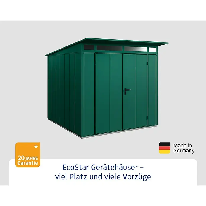 EcoStar Gerätehaus Elegant-P Typ 2 - Außenbreite inkl. Dachüberstand: 247,9 cm, Außentiefe inkl. Dachüberstand: 283,4 cm, Moosgrün, Doppeltür - EcoStar Gerätehaus: Geräumiges Gartenhaus in Grün, ideal für die Aufbewahrung von Gartengeräten und mehr. Made in Germany mit 20 Jahren Garantie.
