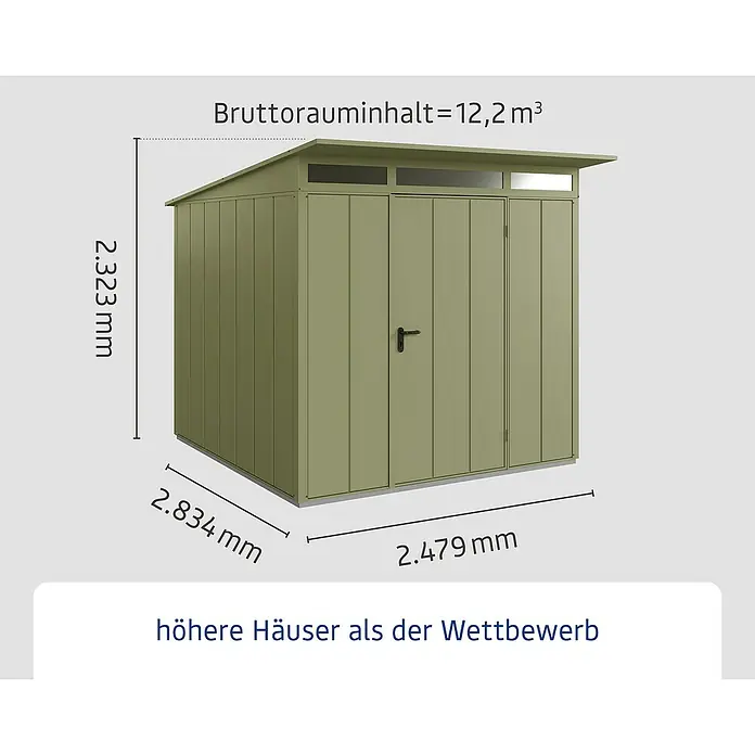EcoStar Gerätehaus Elegant-P Typ 2 - Außenbreite inkl. Dachüberstand: 247,9 cm, Außentiefe inkl. Dachüberstand: 283,4 cm, Schilfgrün, Einzeltür - Abbildung eines Gartenhauses mit den Maßen 2.323 mm Höhe, 2.834 mm Breite und 2.479 mm Tiefe.