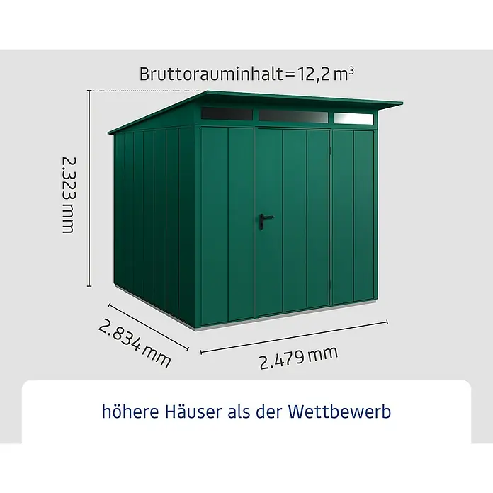EcoStar Gerätehaus Elegant-P Typ 2 - Außenbreite inkl. Dachüberstand: 247,9 cm, Außentiefe inkl. Dachüberstand: 283,4 cm, Moosgrün, Einzeltür - Abbildung eines grünen Gerätehauses mit Maßangaben zu Höhe, Breite und Tiefe.