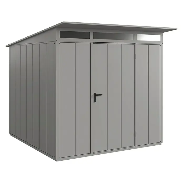 EcoStar Gerätehaus Elegant-P Typ 2 - Außenbreite inkl. Dachüberstand: 247,9 cm, Außentiefe inkl. Dachüberstand: 283,4 cm, Anthrazitgrau, Einzeltür - Ein geräumiges, graues Gartenhaus mit Doppeltür und Oberlicht für die Aufbewahrung von Gartengeräten und Werkzeugen. Perfekt für jeden Garten.