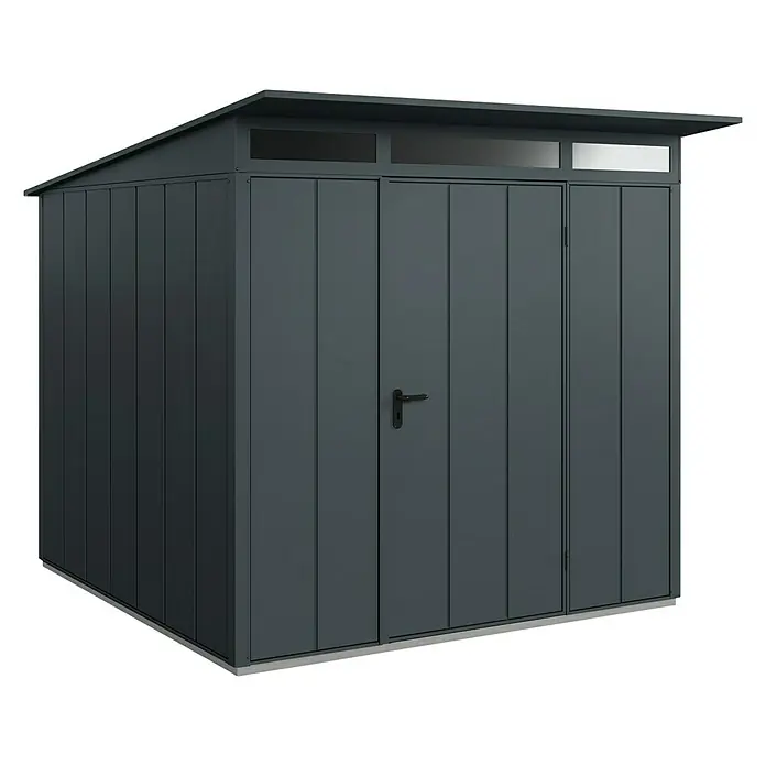 EcoStar Gerätehaus Elegant-P Typ 2 - Außenbreite inkl. Dachüberstand: 247,9 cm, Außentiefe inkl. Dachüberstand: 283,4 cm, Anthrazitgrau, Einzeltür - Bild eines dunkelgrauen Geräteschuppens mit Pultdach, ideal für die Gartenaufbewahrung. Das Design ist schlicht und modern.
