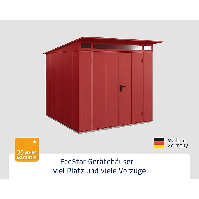 EcoStar Gerätehaus Elegant-P Typ 2 - Außenbreite inkl. Dachüberstand: 247,9 cm, Außentiefe inkl. Dachüberstand: 283,4 cm, Purpurrot, Doppeltür - EcoStar Gerätehaus in Rot: Robustes Gartenhaus mit viel Platz und 20 Jahre Garantie, hergestellt in Deutschland.