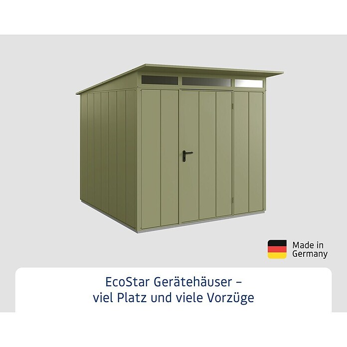 EcoStar Gerätehaus Elegant-P Typ 2 (Außenbreite inkl. Dachüberstand: 247,9 cm, Außentiefe inkl. Dachüberstand: 283,4 cm, Schilfgrün, Einzeltür) | BAUHAUS