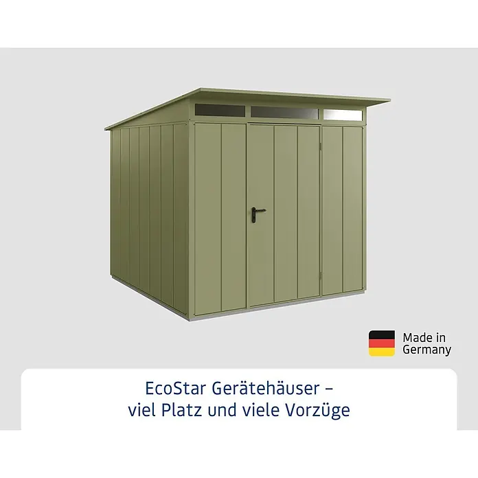 EcoStar Gerätehaus Elegant-P Typ 2 - Außenbreite inkl. Dachüberstand: 247,9 cm, Außentiefe inkl. Dachüberstand: 283,4 cm, Schilfgrün, Einzeltür - EcoStar Gerätehaus aus Metall in Grün. Bietet viel Platz und Schutz für Gartengeräte und mehr. Made in Germany.