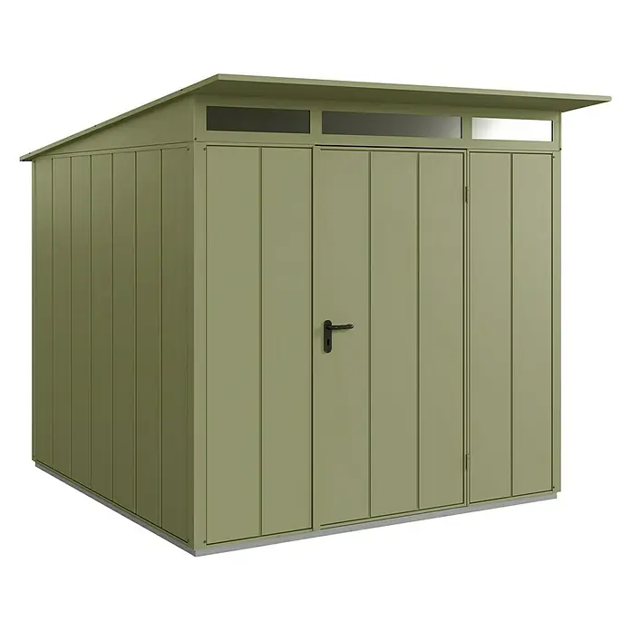 EcoStar Gerätehaus Elegant-P Typ 2 - Außenbreite inkl. Dachüberstand: 247,9 cm, Außentiefe inkl. Dachüberstand: 283,4 cm, Schilfgrün, Einzeltür - Abbildung eines Gartenschuppens in Grün mit einem Pultdach und einer Tür mit Griff. Praktischer Stauraum für den Garten.