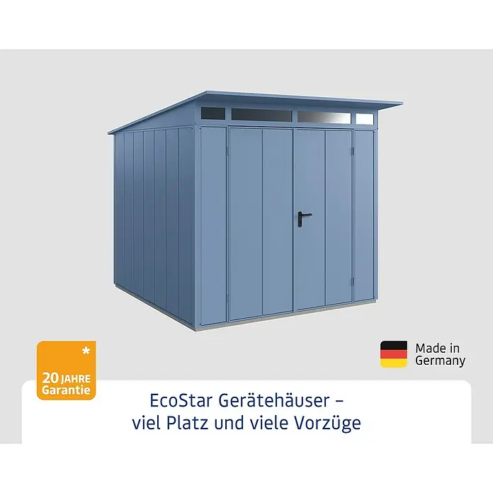 EcoStar Gerätehaus Elegant-P Typ 2 - Außenbreite inkl. Dachüberstand: 247,9 cm, Außentiefe inkl. Dachüberstand: 283,4 cm, Taubenblau, Doppeltür - EcoStar Gerätehäuser bieten viel Platz und Vorteile. Das Gerätehaus in blau bietet viel Stauraum für Gartengeräte und mehr.
