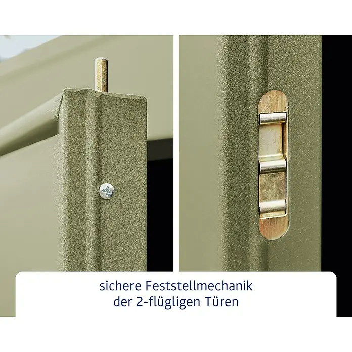 EcoStar Gerätehaus Elegant-P Typ 2 - Außenbreite inkl. Dachüberstand: 247,9 cm, Außentiefe inkl. Dachüberstand: 283,4 cm, Schilfgrün, Einzeltür - Detailaufnahme einer sicheren Feststellmechanik an einer zweiflügeligen Tür, die eine zuverlässige Arretierung gewährleistet.