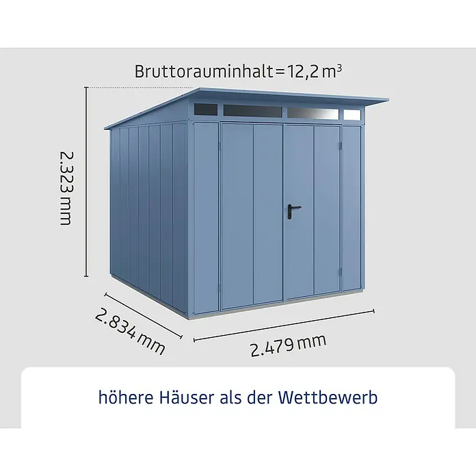 EcoStar Gerätehaus Elegant-P Typ 2 - Außenbreite inkl. Dachüberstand: 247,9 cm, Außentiefe inkl. Dachüberstand: 283,4 cm, Taubenblau, Doppeltür - Abbildung eines Gartenhauses mit den Maßen 2.323 mm Höhe, 2.834 mm Breite und 2.479 mm Tiefe, Bruttorauminhalt 12,2 m³.