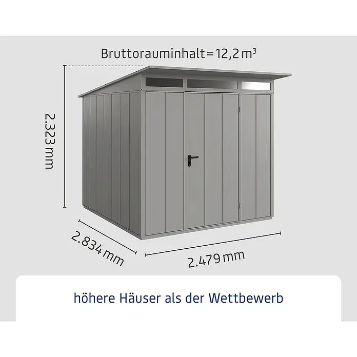 EcoStar Gerätehaus Elegant-P Typ 2 - Außenbreite inkl. Dachüberstand: 247,9 cm, Außentiefe inkl. Dachüberstand: 283,4 cm, Anthrazitgrau, Einzeltür - Abbildung eines grauen Gerätehauses mit Maßangaben für Höhe, Breite und Tiefe. Das Bruttorauminhalt beträgt 12,2 m³.
