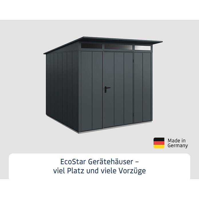 EcoStar Gerätehaus Elegant-P Typ 2 (Außenbreite inkl. Dachüberstand: 247,9 cm, Außentiefe inkl. Dachüberstand: 283,4 cm, Anthrazitgrau, Einzeltür) | BAUHAUS