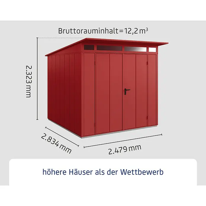 EcoStar Gerätehaus Elegant-P Typ 2 - Außenbreite inkl. Dachüberstand: 247,9 cm, Außentiefe inkl. Dachüberstand: 283,4 cm, Purpurrot, Doppeltür - Abbildung eines Gerätehauses in Rot mit den Maßen 2.323 mm Höhe, 2.834 mm Breite und 2.479 mm Tiefe.