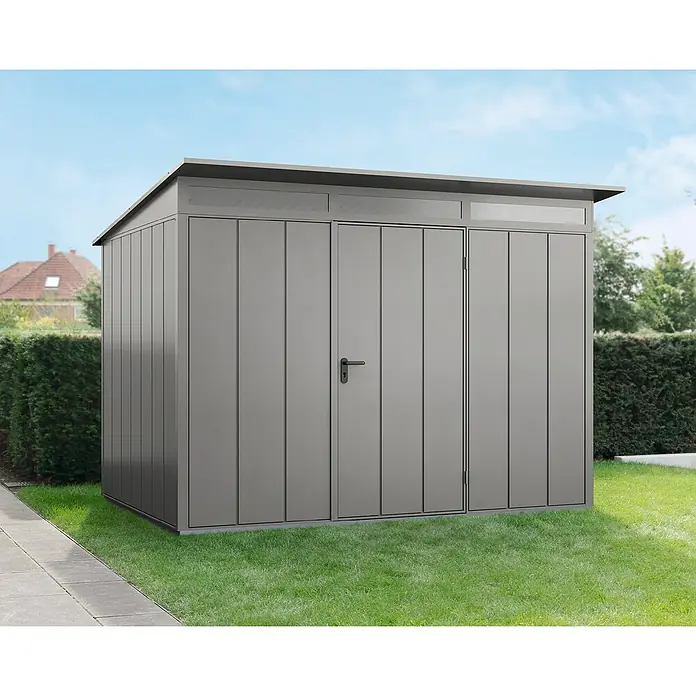 EcoStar Gerätehaus Elegant-P Typ 3 - Außenmaß inkl. Dachüberstand (B x T): 312,7 x 283,4 cm, Grau, Einzeltür - Ein modernes, graues Gartenhaus mit einem Flachdach, das sich perfekt in jeden Garten einfügt und zusätzlichen Stauraum bietet.