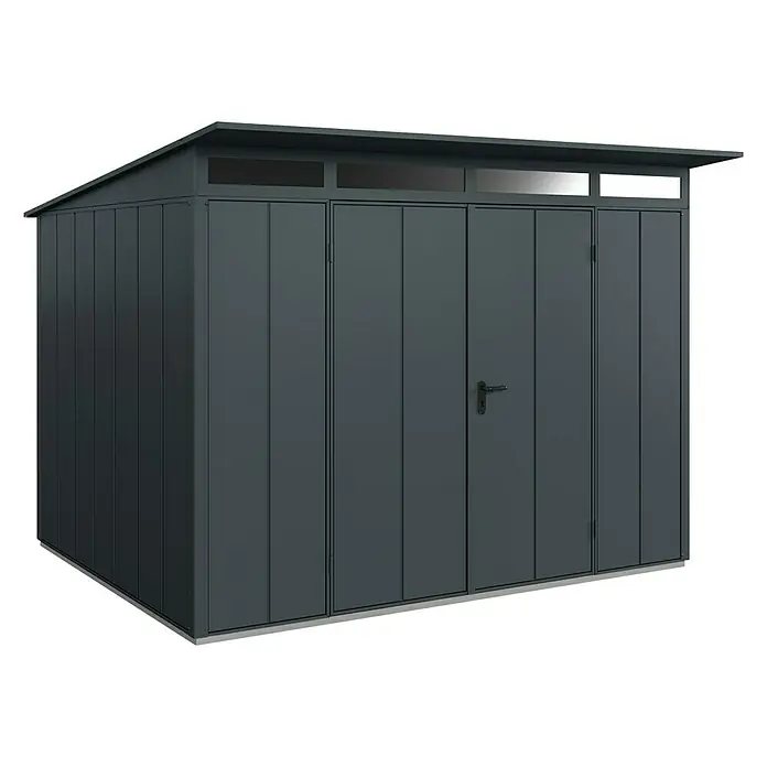 EcoStar Gerätehaus Elegant-P Typ 3 - Außenmaß inkl. Dachüberstand (B x T): 312,7 x 283,4 cm, Anthrazitgrau, Doppeltür - Das Bild zeigt ein modernes Gerätehaus in Anthrazit mit einem Flachdach und Oberlichtern, ideal für die Gartenaufbewahrung.