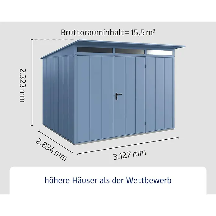 EcoStar Gerätehaus Elegant-P Typ 3 - Außenmaß inkl. Dachüberstand (B x T): 312,7 x 283,4 cm, Taubenblau, Einzeltür - Abbildung eines Gerätehauses mit den Maßen 2,323 mm Höhe, 2,834 mm Tiefe, 3,127 mm Breite und einem Bruttorauminhalt von 15,5 m³.