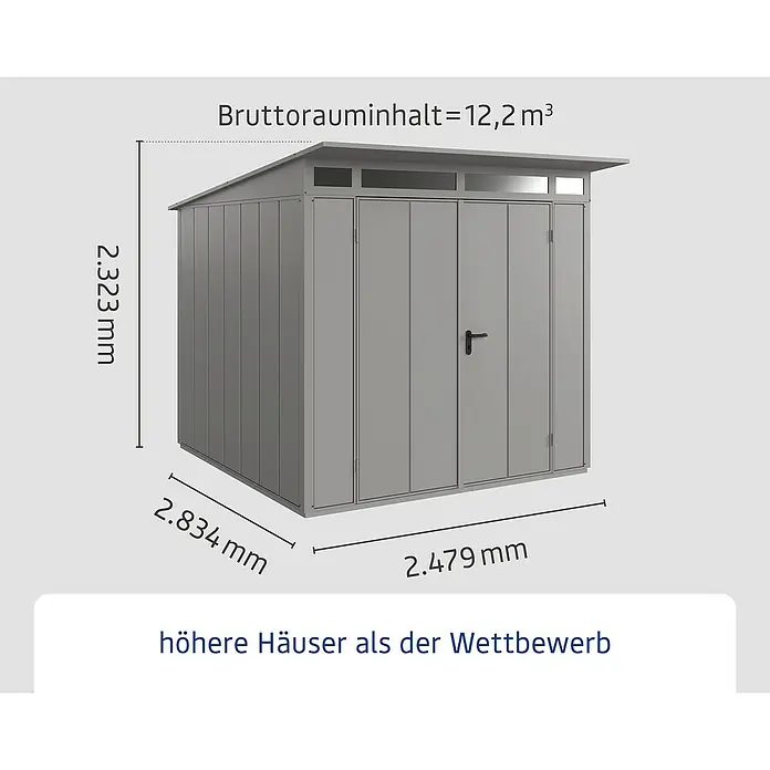 EcoStar Gerätehaus Elegant-P Typ 2 - Außenbreite inkl. Dachüberstand: 247,9 cm, Außentiefe inkl. Dachüberstand: 283,4 cm, Grau, Doppeltür - Abbildung eines grauen Gerätehauses mit den Maßen 2.323 mm Höhe, 2.834 mm Breite und 2.479 mm Tiefe. Das Bruttorauminhalt beträgt 12,2 m³.