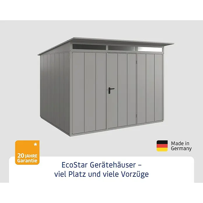 EcoStar Gerätehaus Elegant-P Typ 3 - Außenmaß inkl. Dachüberstand (B x T): 312,7 x 283,4 cm, Grau, Einzeltür - Abbildung eines grauen EcoStar Gerätehauses mit Doppeltür und Oberlicht, das viel Stauraum und Vorteile bietet.