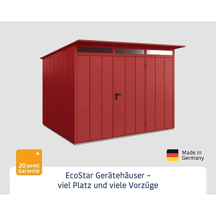 EcoStar Gerätehaus Elegant-P Typ 3 - Außenmaß inkl. Dachüberstand (B x T): 312,7 x 283,4 cm, Purpurrot, Einzeltür - EcoStar Gerätehaus in Rot, ideal für die Gartenaufbewahrung. Made in Germany mit 20 Jahren Garantie für höchste Qualität.