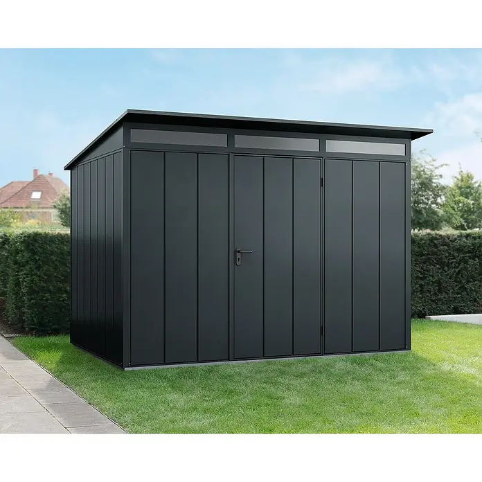 EcoStar Gerätehaus Elegant-P Typ 3 - Außenmaß inkl. Dachüberstand (B x T): 312,7 x 283,4 cm, Anthrazitgrau, Einzeltür - Ein modernes, anthrazitfarbenes Gerätehaus mit Doppeltür und Oberlichtern aus Kunststoff fügt sich gut in jeden Garten ein.