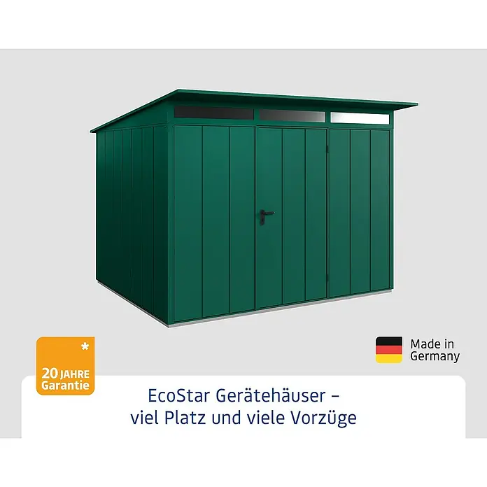 EcoStar Gerätehaus Elegant-P Typ 3 - Außenmaß inkl. Dachüberstand (B x T): 312,7 x 283,4 cm, Moosgrün, Einzeltür - Ein grünes EcoStar Gerätehaus mit Doppeltür und Fenstern im oberen Bereich. 20 Jahre Garantie und Made in Germany.