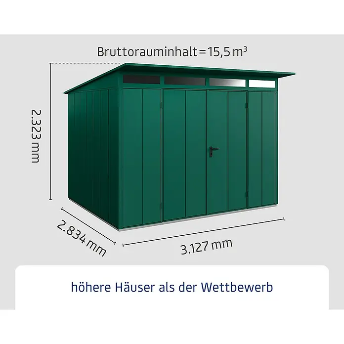 EcoStar Gerätehaus Elegant-P Typ 3 - Außenmaß inkl. Dachüberstand (B x T): 312,7 x 283,4 cm, Moosgrün, Doppeltür - Abbildung eines grünen Gerätehauses mit den Maßen 2.323 mm Höhe, 2.834 mm Breite und 3.127 mm Tiefe, Bruttorauminhalt 15,5 m³.