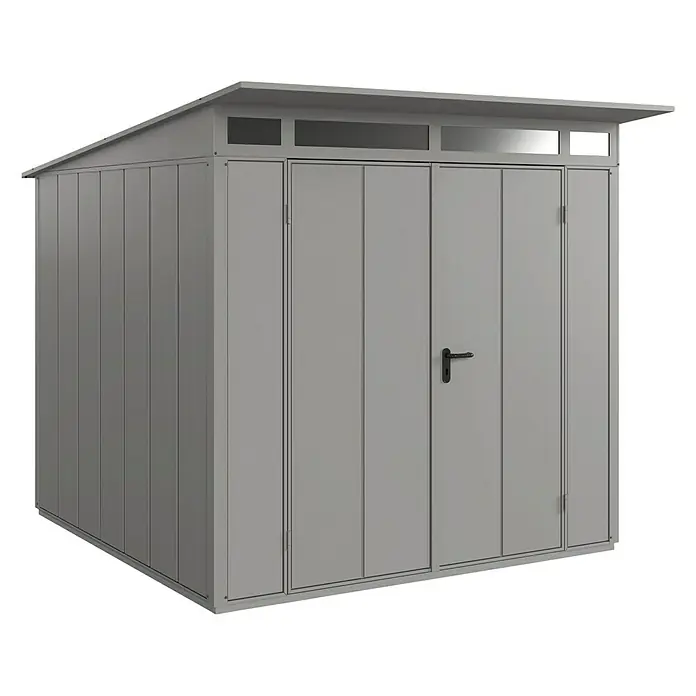 EcoStar Gerätehaus Elegant-P Typ 2 - Außenbreite inkl. Dachüberstand: 247,9 cm, Außentiefe inkl. Dachüberstand: 283,4 cm, Grau, Doppeltür - Abbildung eines grauen Gartenschuppens mit Doppeltür und Oberlichtern unter einem schwarzen Hintergrund.