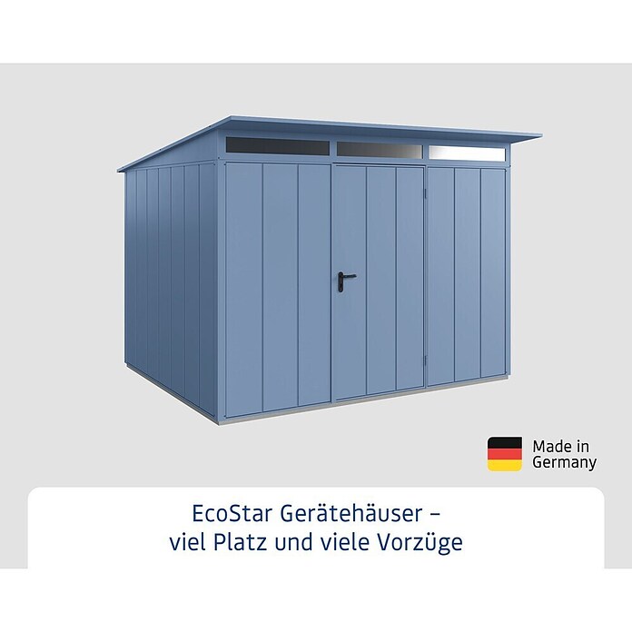EcoStar Gerätehaus Elegant-P Typ 3 (Außenmaß inkl. Dachüberstand (B x T): 312,7 x 283,4 cm, Taubenblau, Einzeltür) | BAUHAUS