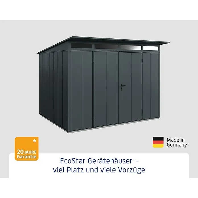 EcoStar Gerätehaus Elegant-P Typ 3 - Außenmaß inkl. Dachüberstand (B x T): 312,7 x 283,4 cm, Anthrazitgrau, Doppeltür - Das EcoStar Gerätehaus bietet viel Platz und überzeugt mit seinen zahlreichen Vorteilen. Es ist "Made in Germany".
