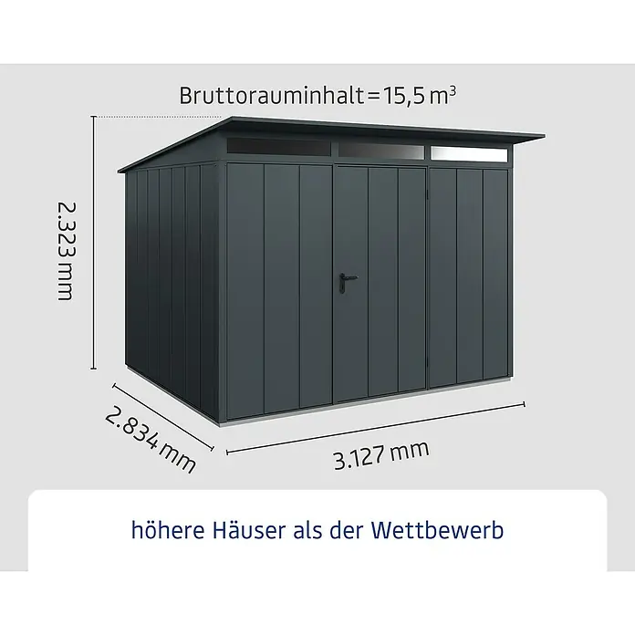 EcoStar Gerätehaus Elegant-P Typ 3 - Außenmaß inkl. Dachüberstand (B x T): 312,7 x 283,4 cm, Anthrazitgrau, Einzeltür - Bild einer Gartenbox mit den Maßen 2.323 mm Höhe, 2.834 mm Breite und 3.127 mm Tiefe, sowie einem Bruttorauminhalt von 15,5 m³.