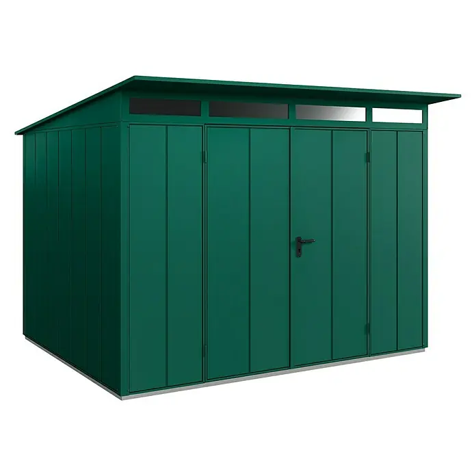 EcoStar Gerätehaus Elegant-P Typ 3 - Außenmaß inkl. Dachüberstand (B x T): 312,7 x 283,4 cm, Moosgrün, Doppeltür - Ein grünes Gartenhaus mit Fenstern oben und einer Tür mit einem schwarzen Griff in der Mitte.