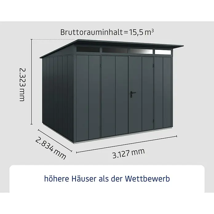 EcoStar Gerätehaus Elegant-P Typ 3 - Außenmaß inkl. Dachüberstand (B x T): 312,7 x 283,4 cm, Anthrazitgrau, Doppeltür - Abbildung eines Gerätehauses mit den Maßen 2.323 mm Höhe, 2.834 mm Breite und 3.127 mm Tiefe, Bruttorauminhalt beträgt 15,5 m³.