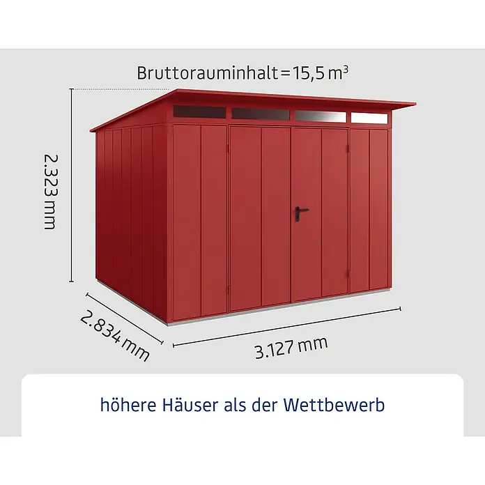 EcoStar Gerätehaus Elegant-P Typ 3 - Außenmaß inkl. Dachüberstand (B x T): 312,7 x 283,4 cm, Purpurrot, Doppeltür - Abbildung eines roten Gartenhauses mit den Maßen 2.323 mm Höhe, 2.834 mm Breite und 3.127 mm Länge.