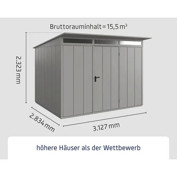 EcoStar Gerätehaus Elegant-P Typ 3 - Außenmaß inkl. Dachüberstand (B x T): 312,7 x 283,4 cm, Grau, Einzeltür - Abbildung eines Gerätehauses mit den Maßen Höhe 2.323 mm, Breite 3.127 mm und Tiefe 2.834 mm, Bruttorauminhalt 15,5 m³.