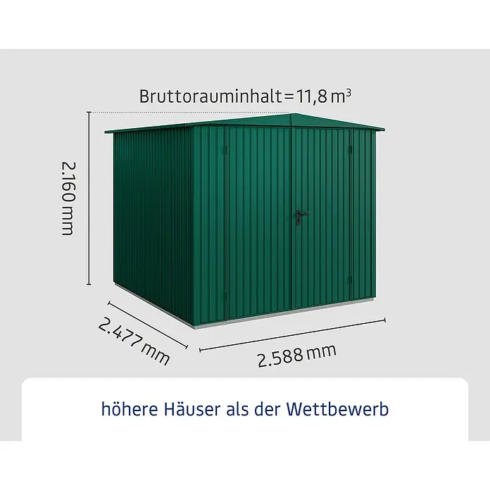 EcoStar Gerätehaus Trend-S Typ 2 - Außenbreite inkl. Dachüberstand: 258,8 cm, Außentiefe inkl. Dachüberstand: 247,7 cm, Moosgrün, Doppeltür - Abbildung eines grünen Metallgerätehauses mit den Maßen 2.160 mm Höhe, 2.477 mm Tiefe und 2.588 mm Breite.