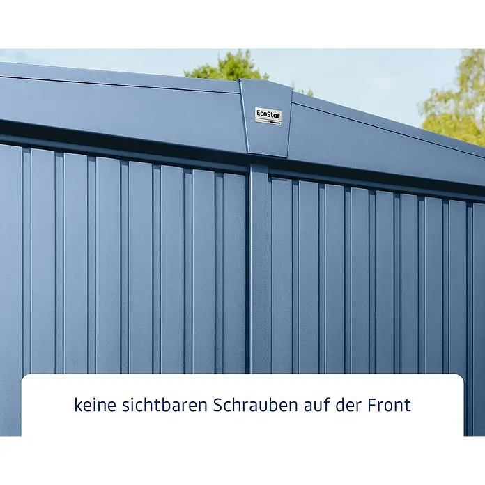 EcoStar Gerätehaus Trend-S Typ 3 - Außenbreite inkl. Dachüberstand: 323,6 cm, Außentiefe inkl. Dachüberstand: 247,7 cm, Taubenblau, Doppeltür - EcoStar Gerätehaus-Detailansicht: Die Fassade des Gerätehauses ist schraubenlos und besticht durch ihr modernes, sauberes Design.
