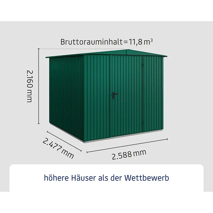 EcoStar Gerätehaus Trend-S Typ 2 - Außenbreite inkl. Dachüberstand: 258,8 cm, Außentiefe inkl. Dachüberstand: 247,7 cm, Moosgrün, Einzeltür - Abbildung eines Gerätehauses mit den Maßen 2,160 mm Höhe, 2,477 mm Breite und 2,588 mm Tiefe und einem Bruttorauminhalt von 11,8 m³.